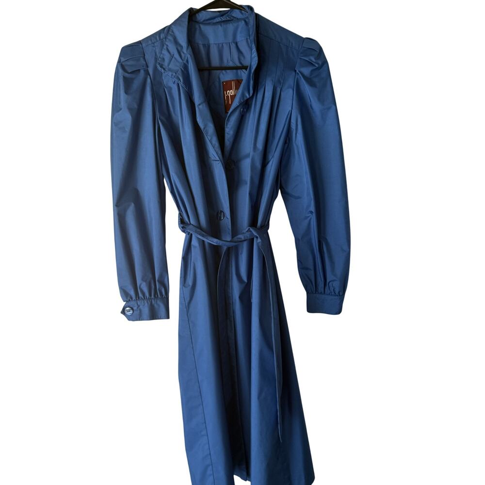 Vintage J Gallery Trench Coat Womens 8 Blue Belted Rubber Nylon Rain Jacket 80s‎